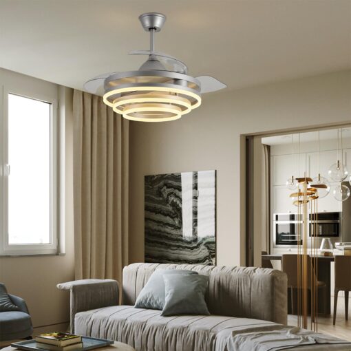 Zenouidle 42" Retractable Ceiling Fan with Lights and Remote,Invisible LED Rings Fandeliers Modern Chandelier Ceiling Fans with 3 Color 6 Speed for Kitchen Bedroom（Chrome） - Image 3