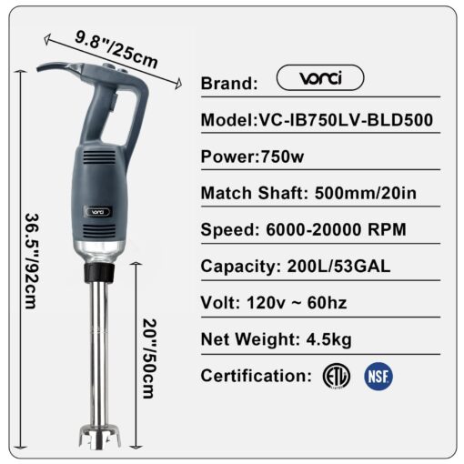VONCI 750W Commercial Immersion Blender, Extra Heavy Duty Hand Blender with Variable Speed 8000-19000RPM, Handheld Stick Mixer with 20" SUS 304 Shaft, Commercial Emulsifier for Restaurant Kitchen. - Image 6