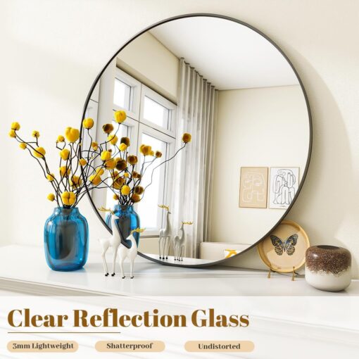 VooBang Black Round Bathroom Mirror, 48 inch Circle Modern Wall Mirror with Simple Metal Frame, Hanging for Bathroom, Hallway, Living Room, Black Frame - Image 5