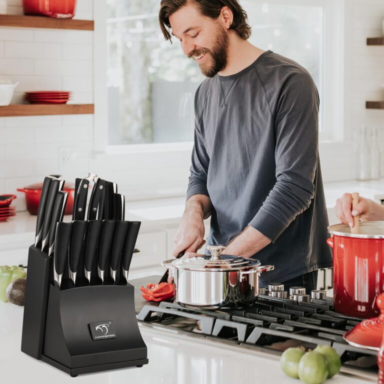 NANFANG BROTHERS Knife Set, 15-Piece Damascus Kitchen Knife Set with Block, ABS Ergonomic Handle for Chef Knife Set, Carving Fork, Disconnect-type Knife Block Set (Black) - Image 4