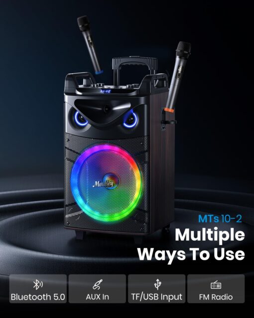 Moukey Karaoke Machine, Wood Pattern 10" Woofer Portable PA System, Bluetooth Speaker with 2 Wireless Microphones, Tablet Holder & Party Lights, Echo/Treble/Bass Adjustment Support REC/AUX/USB/TF - Image 6