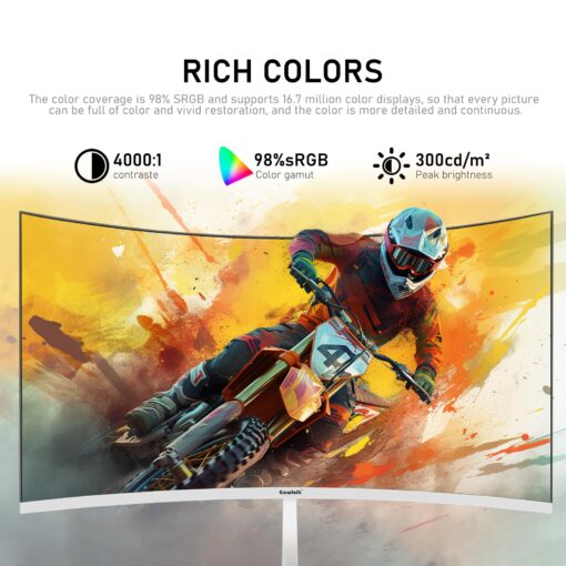Gawfolk 27 Inch PC Computer Screen,1800R Curved Gaming 280Hz Monitors, FHD 1080p 1ms, Freesync, 98% sRGB,178 ° Angle View HDMI2.0、DisplayPort, Compatible with Wall-Mounted 100 * 100MM-White - Image 4