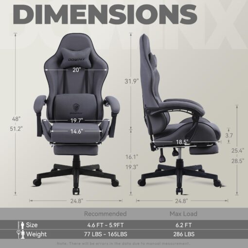 Dowinx Gaming Chair Fabric with Pocket Spring Cushion, Massage Game Chair Cloth with Headrest, Ergonomic Computer Chair with Footrest 290LBS, Grey - Image 2