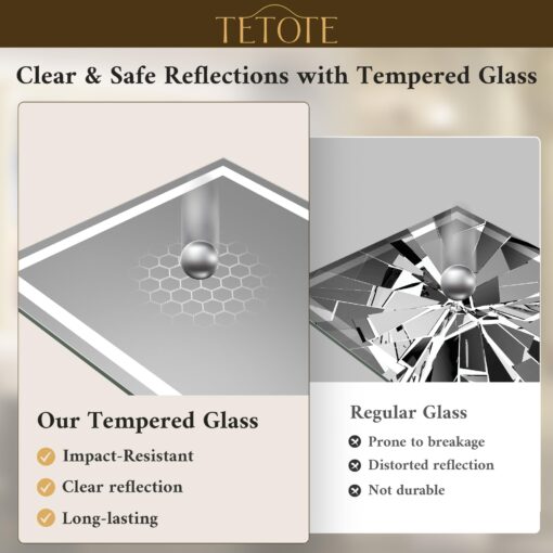 TETOTE 55 x 30 LED Bathroom Mirror with Lights, LED Mirror for Bathroom Vanity Dimmable Anti Fog Wall Mounted, Horizontal/Vertical, Tempered Glass - Image 8