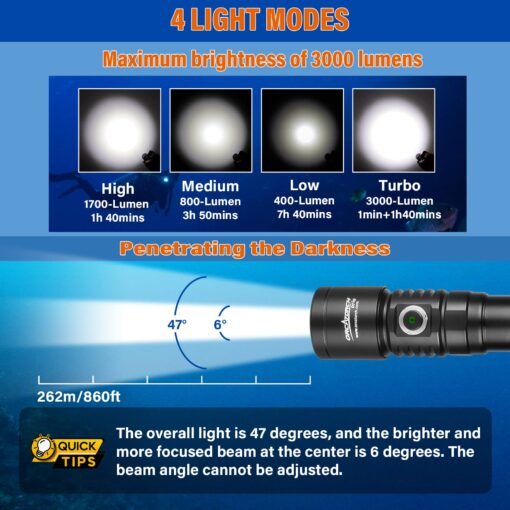 ORCATORCH D710 Scuba Diving Light, 3000 Lumens Super Bright Underwater Flashlight with 6 Degrees Narrow Beam, IP68 Waterproof Night Dive Torch 150 Meters Submersible Light (Black) - Image 7