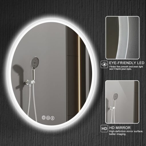 S·BAGNO 24’’ Round Led Bathroom Mirror with Lights, Backlit and Front Lighted, Anti-Fog Wall-Mounted Vanity Mirror 3000K/4000K/6500K, Dimmable Inside Bluetooth Speaker Smart Mirror - Image 3