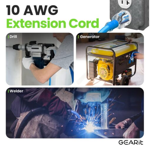 GEARit Outdoor 10 AWG Gauge 3 Prong Plug, Extension Cord, Triple Outlet Ultra Heavy Duty SJEOW, 10/3, for Indoor/Outdoor, LED Lighted Plug, Resistant Rubber Jacket, Extreme Weather, 100 Ft, Blue - Image 3