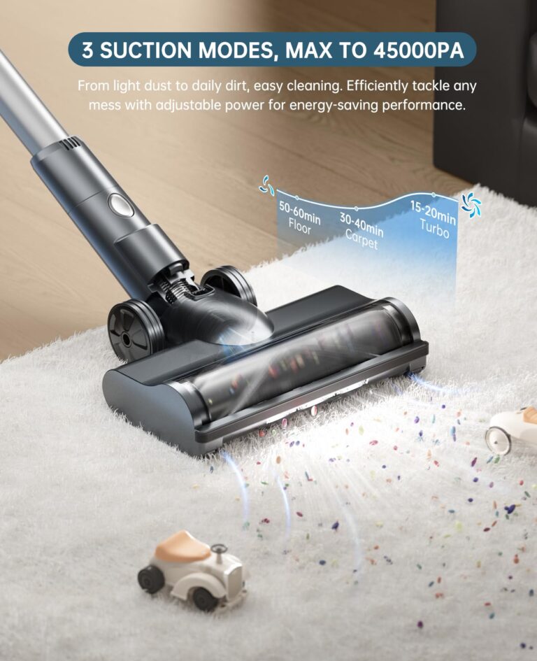 Cordless Vacuum Cleaner, 500W 45KPA 60 Mins Self-Standing Vacuum Cleaners for Home, Anti-tangle Stick Vacuum with Dual LED Screen, Rechargeable Cordless Vacuum for Pet Hair/Carpet/Floor (Deep Gray) - Image 8