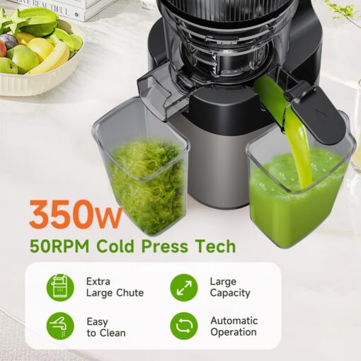 Cold Press Juicer, 5.8" Extra Large Feed Chute Fit Whole Fruits & Vegetables, 350W Slow Masticating Juicer Machines, Easy to Clean, High Juice Yield - Image 2
