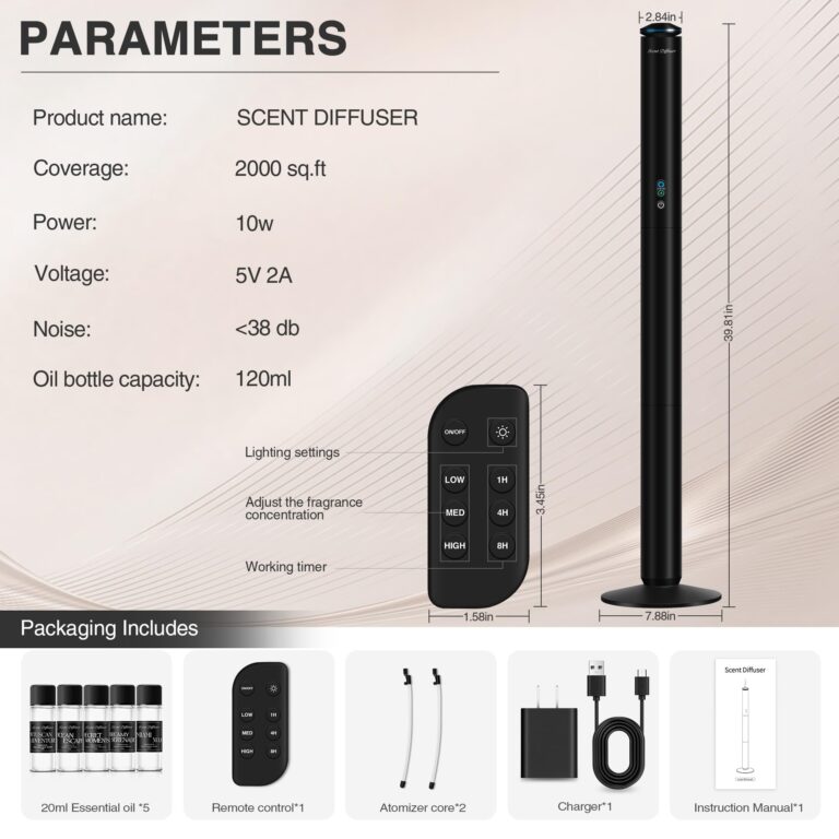 Waterless Scent Diffuser Starter Kit - 2000 Sq Ft Coverage, Luxury Hotel Scent Diffuser, Diffusers for Essential Oils Large Room, Included 5 Scent Oils, Remote Control, Black, 40In - Image 2