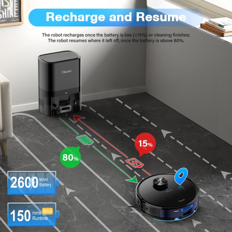 Tikom Robot Vacuum and Mop Combo L9000 Plus, Self-Emptying, 60-Day Capacity, LiDAR Navigation, Home Mapping, 4000Pa,150Min Max, Schedule, Wi-Fi/App, Robotic Vacuum Cleaner for Pet, Hard Floors, Carpet - Image 4