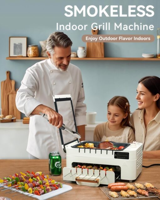 XHJ Indoor BBQ Kabob Skewers Grill,Smokeless Auto 360° Rotating Electric Barbecue Skewers Rotisserie,3 In 1 Indoor Electric Tabletop Grill with Removable Lid,Dual Zone Cooking - Image 7