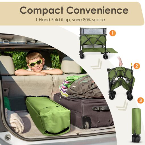 HOPERAN 550L XXL Foldable Double Decker Wagon-Greater Capacity,360° Adjustable Handle Heavy Duty 550LBS Collapsible Cart with 54" Extra Extender,All Terrain Double-Locking Brack Wheels (Olive Green) - Image 3