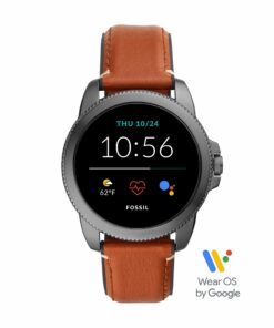 Fossil 44mm Gen 5E Stainless Steel and Leather Touchscreen Smart Watch, Color: Smoke, Brown (Model: FTW4055V)