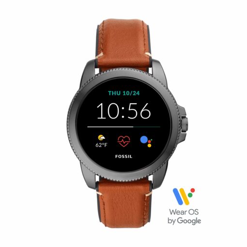 Fossil 44mm Gen 5E Stainless Steel and Leather Touchscreen Smart Watch, Color: Smoke, Brown (Model: FTW4055V)