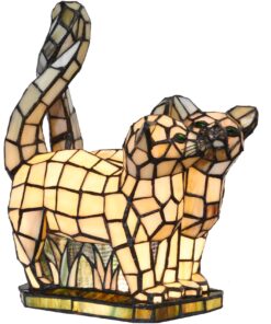 Bieye L10771 Cats in Love Tiffany Style Stained Glass Accent Table Lamp Night Light for Home Decoration (Two Cats, Yellow)