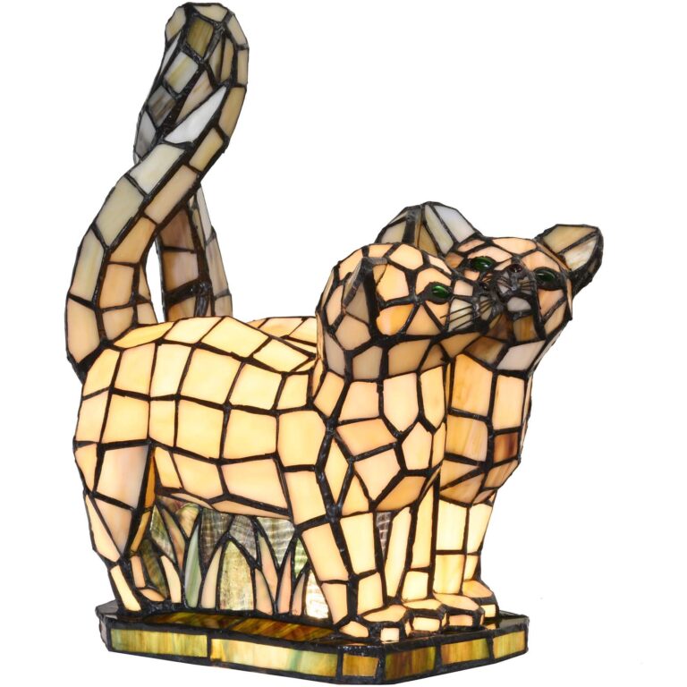 Bieye L10771 Cats in Love Tiffany Style Stained Glass Accent Table Lamp Night Light for Home Decoration (Two Cats, Yellow)