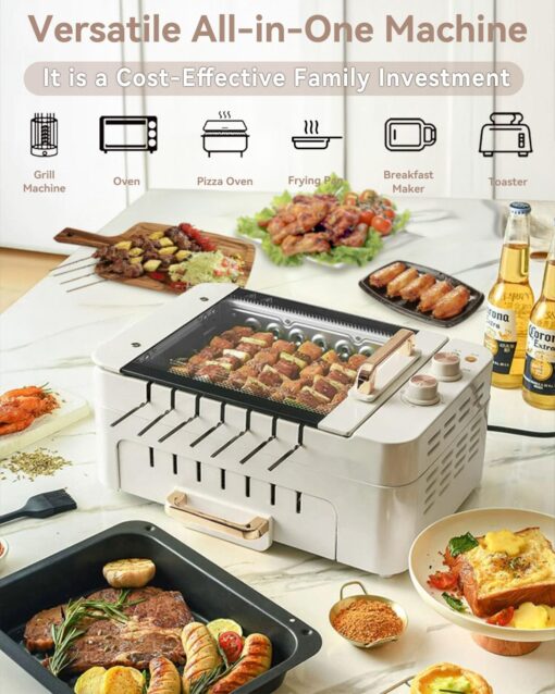 XHJ Indoor BBQ Kabob Skewers Grill,Smokeless Auto 360° Rotating Electric Barbecue Skewers Rotisserie,3 In 1 Indoor Electric Tabletop Grill with Removable Lid,Dual Zone Cooking - Image 3