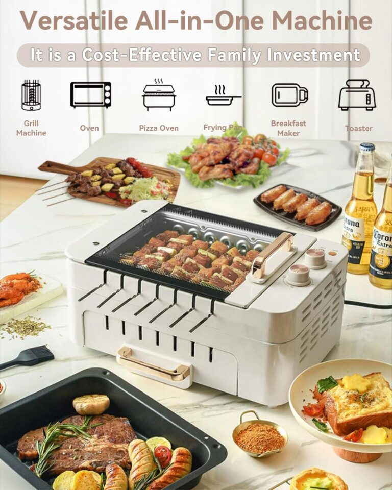 XHJ Indoor BBQ Kabob Skewers Grill,Smokeless Auto 360° Rotating Electric Barbecue Skewers Rotisserie,3 In 1 Indoor Electric Tabletop Grill with Removable Lid,Dual Zone Cooking - Image 3
