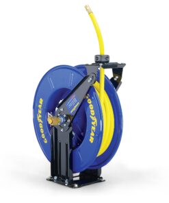 GOODYEAR Air Hose Reel Retractable 3/8" Inch x 50' Feet Long Premium Commercial SBR Hose Max 300 Psi Reinforced Steel Construction Heavy Duty Spring Driven Industrial Dual Arm & Pedestal