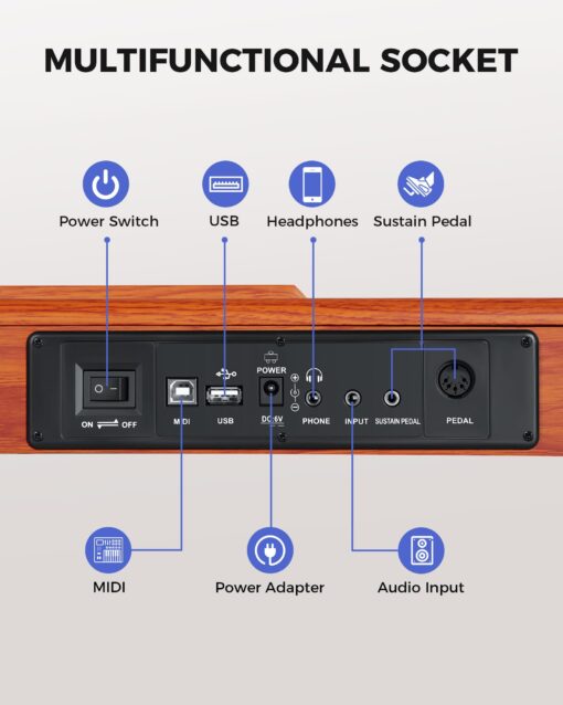 Fesley Weighted Piano Keyboard 88 Keys: Full Size Electric Keyboard Piano for Beginners, Portable 88 Key Keyboard with Daul Speaker,Sustain Pedal,Power Adapter,Support Bluetooth,USB MIDI,FEP300, Brown - Image 5