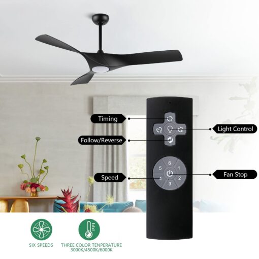 WINGBO 52" DC Ceiling Fan with Lights and Remote, Matte Black Ceiling Fan, 3 Curved ABS Blades, 6-Speed Reversible DC Motor, Modern Ceiling Fan for Kitchen Bedroom Living Room, ETL Listed - Image 9