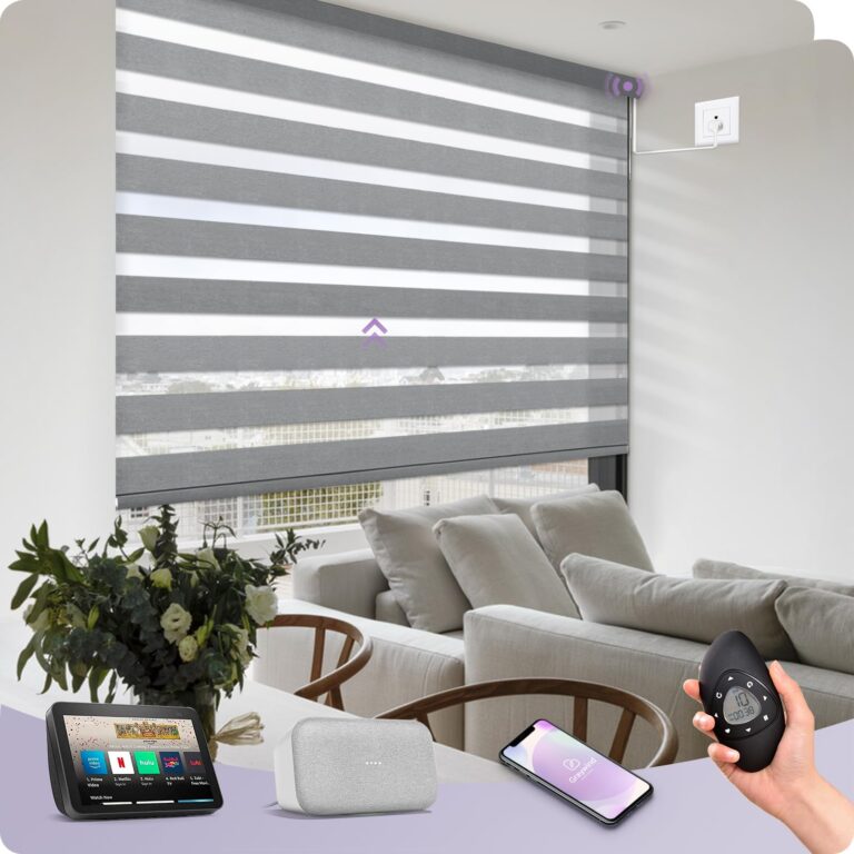 Graywind Motorized Zebra Blinds Compatible with Alexa Google WiFi Hardwired Smart Horizontal Window Blind Remote Control Light Filtering Electric Window Shades, Customized Size (Grey)