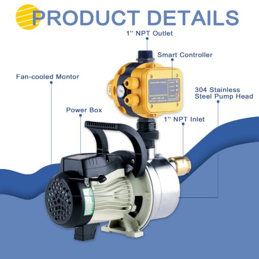 TDRSUPER 3/4 HP Shallow Well Pump with Smart Controller, 1056GPH, 110V, Stainless Steel Irrigation pump, Automatic Water Pressure Booster Pump for Home, Garden, Lawn, Sprinkler - Image 4