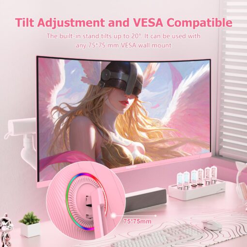 Raywego Pink 27 inch Curved Gaming Monitor 180Hz,FHD 1080P,1800R LED Display,Pink Computer Monitor,1ms (MPRT),FreeSync,Eye-Care Technology, DP, HDMI Port for Gaming Home Office,VESA(75mm*75mm) - Image 3