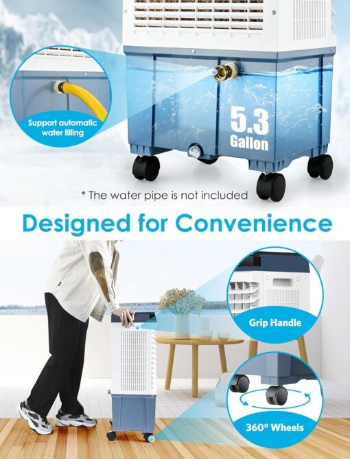 Air Choice Swamp Cooler, 1800 CFM Portable Evaporative Air Cooler with 6 Ice Box & 5.3 Gal Water Tank, 110° Swing, 3 Speeds, Upgraded Remote, 12H Timer, 3-in-1 Air Cooling Fan for Outdoor Indoor, Blue - Image 6