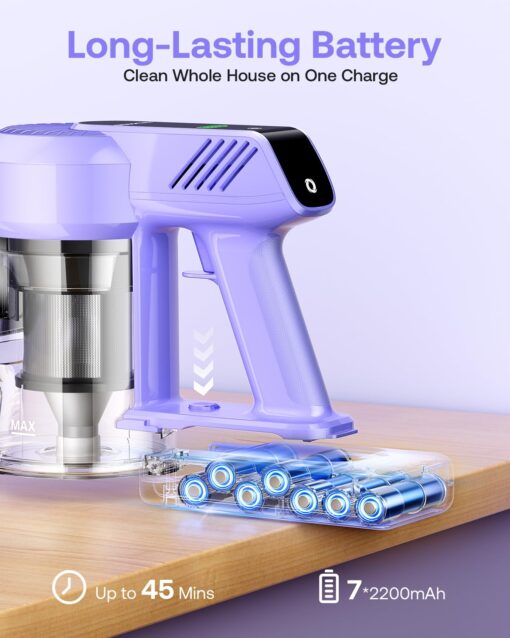 Cordless Vacuum Cleaner, 40Kpa 45Mins Vacuum Cleaners for Home, 8-in-1 Lightweight Stick Vacuum with Powerful Suction, Anti-tangle Wireless Vacuum for Carpet, Tile, Pet Hair, Hardwood Floors, Purple - Image 4