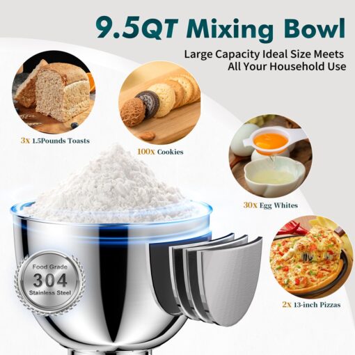 COOKLEE Stand Mixer, 9.5 Qt. 660W Electric Kitchen Mixer with Dishwasher-Safe Dough Hooks, Flat Beaters, Wire Whip & Pouring Shield Attachments for Most Home Cooks, White - Image 8