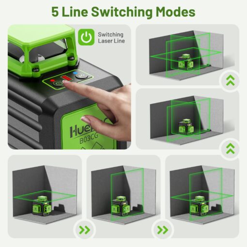 Huepar Laser Level 360 Self Leveling, 3 x 360° High Brightness Cross Line Laser for Construction and Picture Hanging, 12 Green Laser Level Tool with 5200 mAh Rechargeable Battery & Hard Carry Case - Image 7