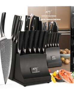NANFANG BROTHERS Knife Set, 15-Piece Damascus Kitchen Knife Set with Block, ABS Ergonomic Handle for Chef Knife Set, Carving Fork, Disconnect-type Knife Block Set (Black)
