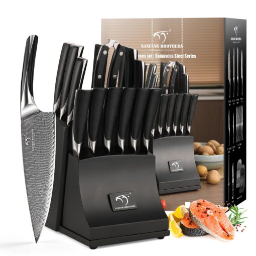 NANFANG BROTHERS Knife Set, 15-Piece Damascus Kitchen Knife Set with Block, ABS Ergonomic Handle for Chef Knife Set, Carving Fork, Disconnect-type Knife Block Set (Black)