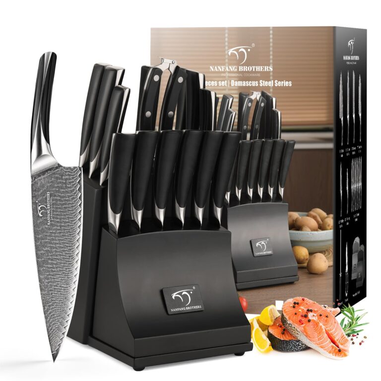 NANFANG BROTHERS Knife Set, 15-Piece Damascus Kitchen Knife Set with Block, ABS Ergonomic Handle for Chef Knife Set, Carving Fork, Disconnect-type Knife Block Set (Black)