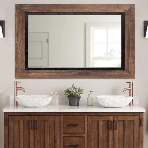YOSHOOT Rustic Wooden Framed Wall Mirror, Natural Wood and Iron Bathroom Vanity Mirror for Farmhouse Decor, Vertical or Horizontal Hanging, 53" x 28", Brown