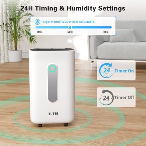 TOTTE 90 Pint Dehumidifier with Drain Hose, 4 Option Modes, 2 Fan Speed, Auto Shut Off, 24H Timer, Auto Defrost, 6000 Sq.Ft Quiet Dehumidifiers for Home, Basement, Bedroom,Bathroom, RV - Image 8