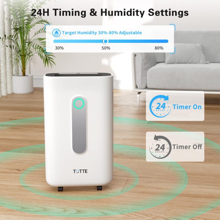 TOTTE 90 Pint Dehumidifier with Drain Hose, 4 Option Modes, 2 Fan Speed, Auto Shut Off, 24H Timer, Auto Defrost, 6000 Sq.Ft Quiet Dehumidifiers for Home, Basement, Bedroom,Bathroom, RV - Image 8