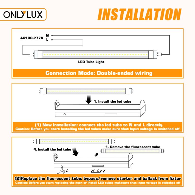 ONLYLUX 8ft R17D LED Tube Light, F96t12 HO 8 Foot Bulbs, 96'' Shop Light to Replace T8 T12 Fluorescent Bulbs, 100-277V Input, 4800LM, Cold White 6000K, Clear Lens (10 Pack) - Image 5