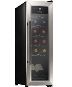 NutriChef PKCWC12 12 Bottle Cooler Refrigerator White and Red Countertop Chiller, Freestanding Compact Mini Wine Fridge with Digital Control, Stainless Steel