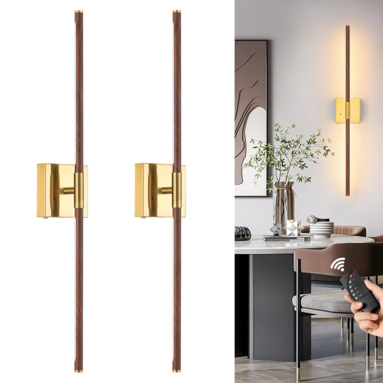 Morauroral Walnut Battery Operated Wall Sconce with Remote Control, Rechargeable Wall Sconces Set of 2, LED Wireless Wall Light, 24″ Modern Sconce Wall Decor for Background Wall, Bedroom, Living Room