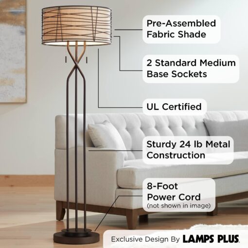 Franklin Iron Works Marlowe Industrial Rustic Farmhouse Floor Lamp Standing 60 1/2" Tall Bronze Woven Iron Metal Burlap Fabric Double Drum Shade for Living Room Reading Bedroom Office House Home - Image 8