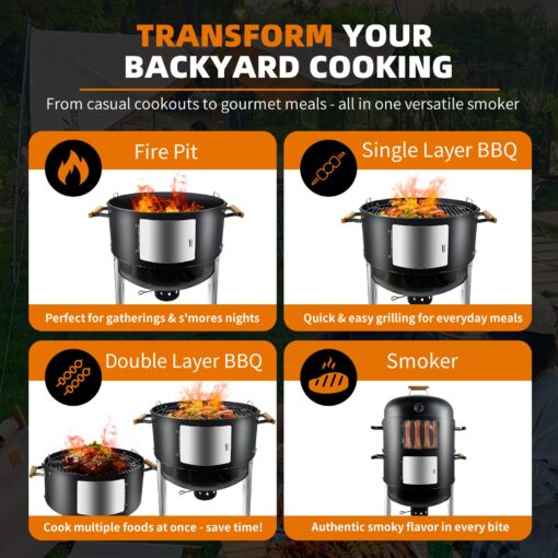 Realcook Vertical Charcoal Smoker Grills: Premium 20.5 Inch BBQ Meat Smokers - Barbecue Charcoal Grill Smoker Combo for Outdoor Cooking Patio Backyard Picnic Party Grilling - Image 4
