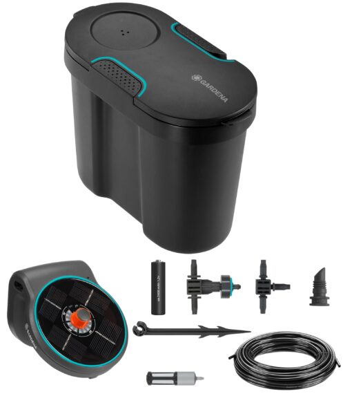GARDENA (13301) Solar-Powered AquaBloom Irrigation Set with Water Tank: Solar-Powered Irrigation Set to Water up to 20 Potted Plants, Control w/ 14 Irrigation Programs