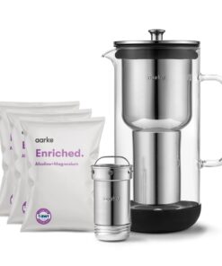 aarke Purifier Regular - 1.18 L Glass Water Filter Pitcher Bundle, Refillable Stainless Steel Filter, BPA-Free, Includes (3-Pack) Refill Enriched Granules, Reduce Heavy Metals and Adds Minerals