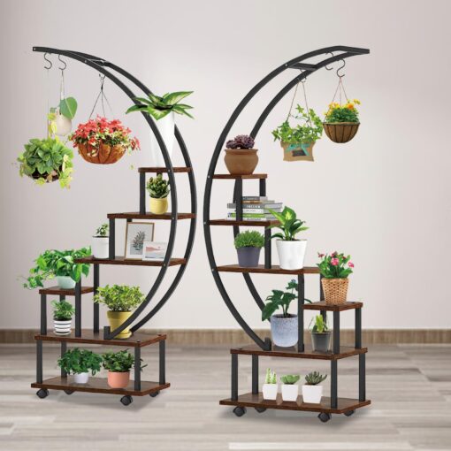 homegroove 2 pcs 6 Tier Tall Metal Plant Stand Indoor, Half Moon Shape Large Plant Shelf with Detachable Wheels, Curved Ladder Flower Pot Stand Rack for Home Patio Lawn Garden Balcony Round-Brown - Image 3