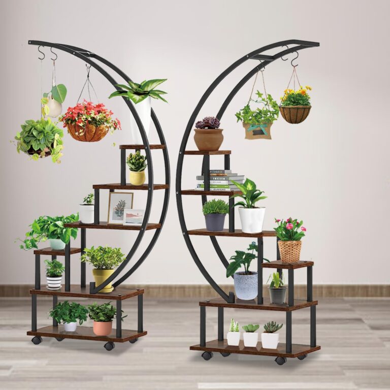 homegroove 2 pcs 6 Tier Tall Metal Plant Stand Indoor, Half Moon Shape Large Plant Shelf with Detachable Wheels, Curved Ladder Flower Pot Stand Rack for Home Patio Lawn Garden Balcony Round-Brown - Image 3