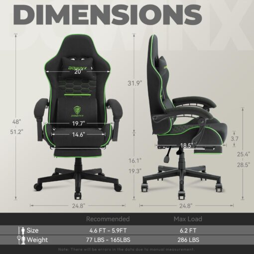 Dowinx Gaming Chair Fabric with Pocket Spring Cushion, Massage Game Chair Cloth with Headrest, Ergonomic Computer Chair with Footrest 290LBS, Black Green - Image 3