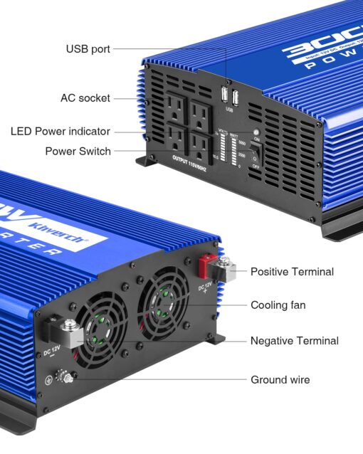 Kinverch 3000W Power Inverter 12V DC to 110V AC Car Battery Inverter with 4 AC Outlets /2 USB Port, Car Inverter for Home/Truck/Boat/RV Power Inverters for Vehicles - Image 8